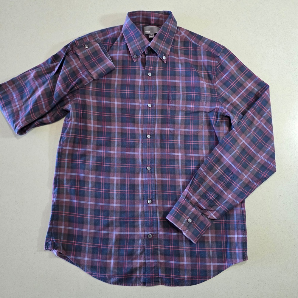 Vince Mens Plaid Button Down Shirt Burgundy Navy Blue Long Sleeve Size M